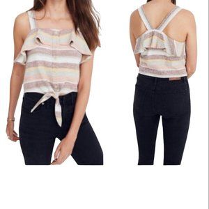 Madewell Womens Sleeveless Cotton Top Large Button Up Wide Strap Tie Front Beige